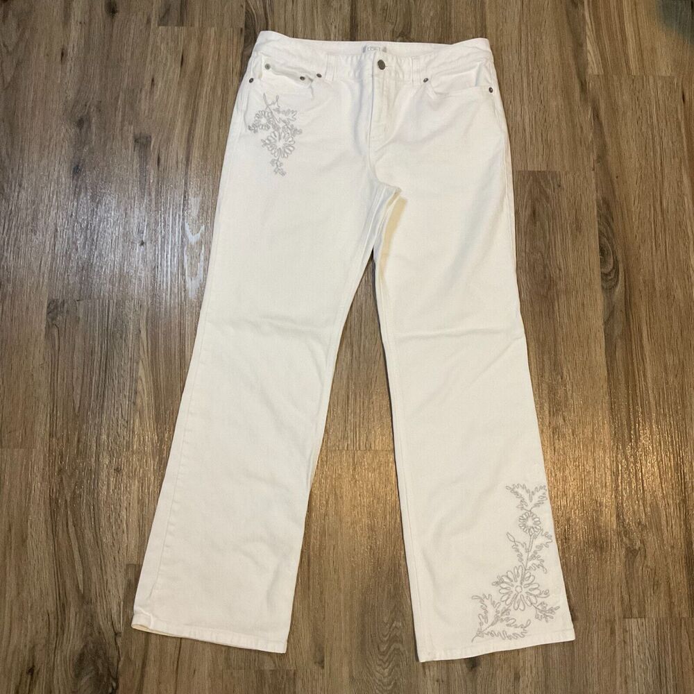 Ann Taylor LOFT White Denim Jeans Embroidery Floral Stretch Straight Leg Size 10